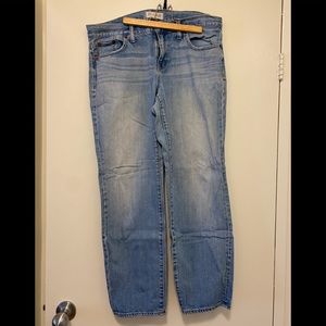 Madewell straight left jeans, light wash.